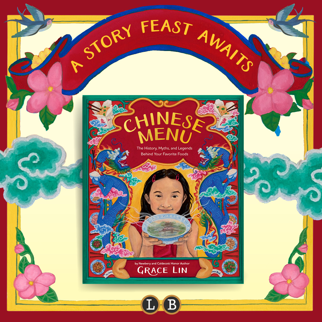 Graphic showing book cover of Chinese Menu by Grace Lin. Text reads: "A story feast awaits."